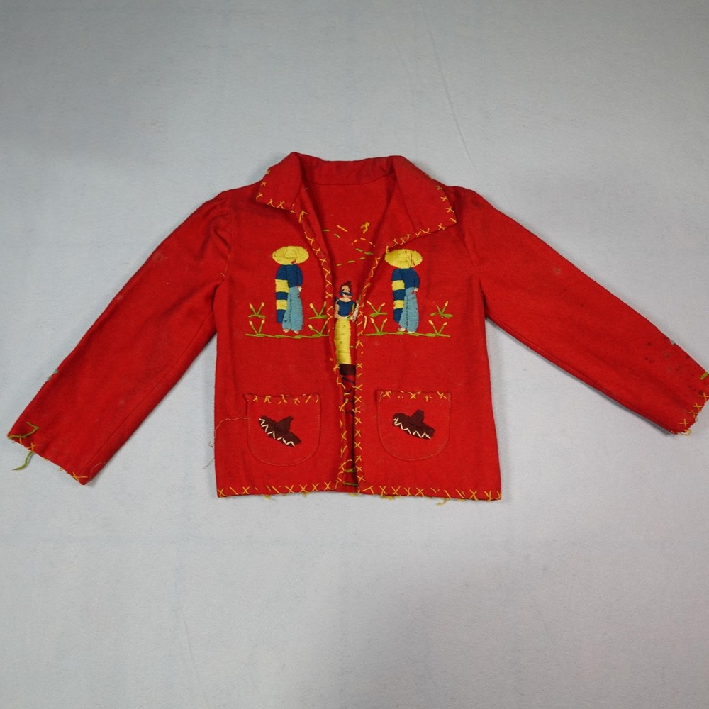 Vintage Lab-Mex Jacket Kids 7 Red Wool Felt Embroidered Mexico Folk Art Sombrero
